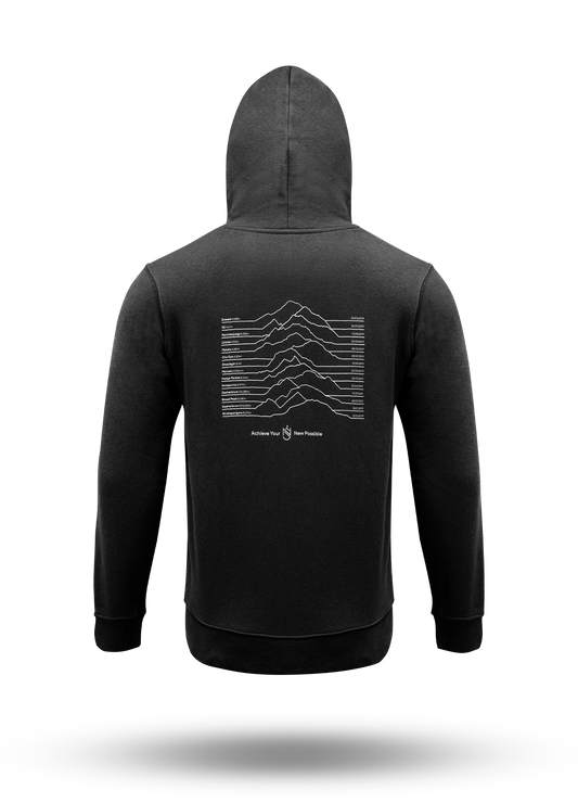 A black pullover hoodie shown from the back, featuring a white graphic print of layered mountain peaks with text underneath, displayed on a clean white background with a soft shadow.